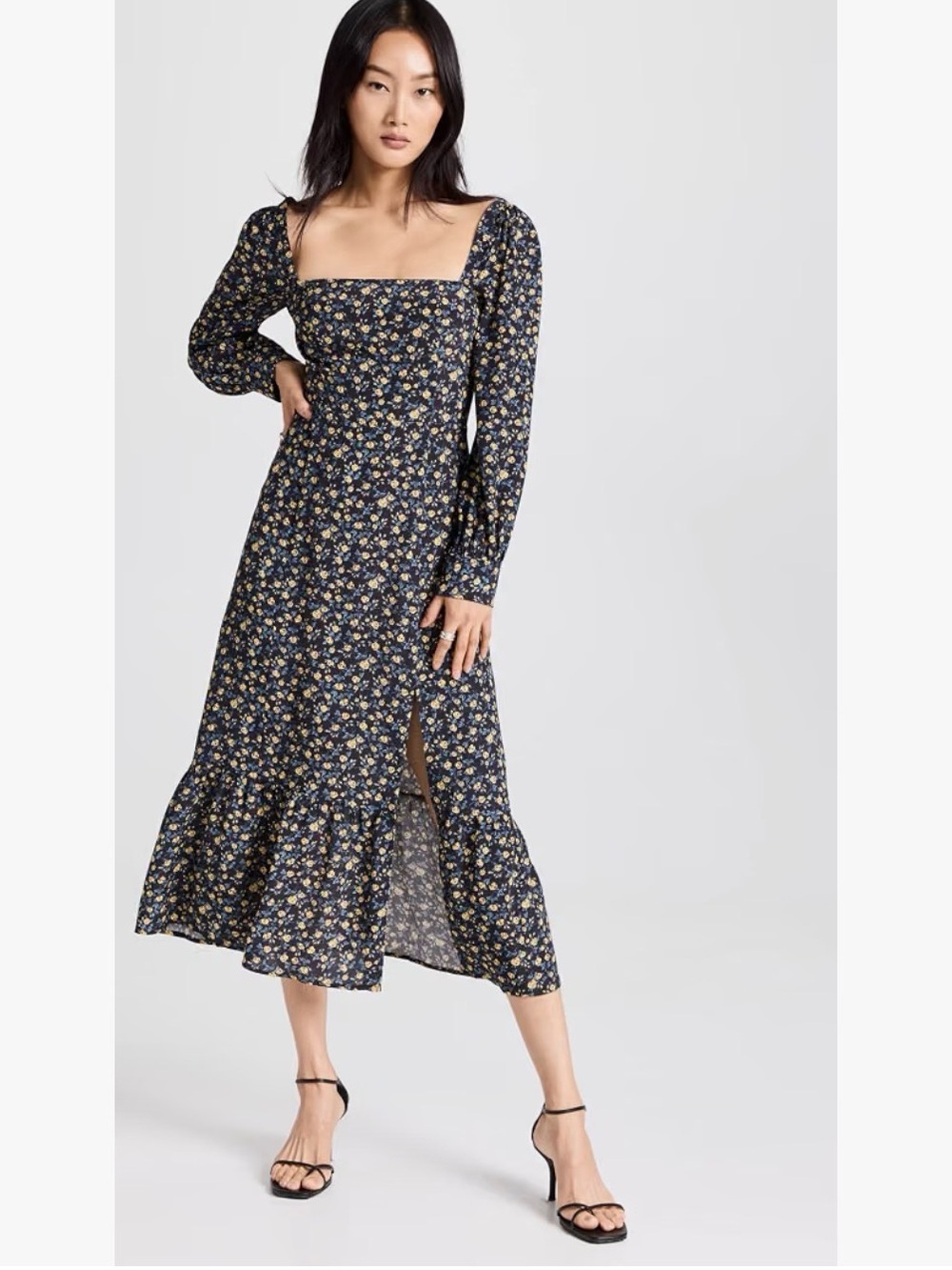 PAIGE Navy Floral Square-Neck Long Sleeve Midi Dress